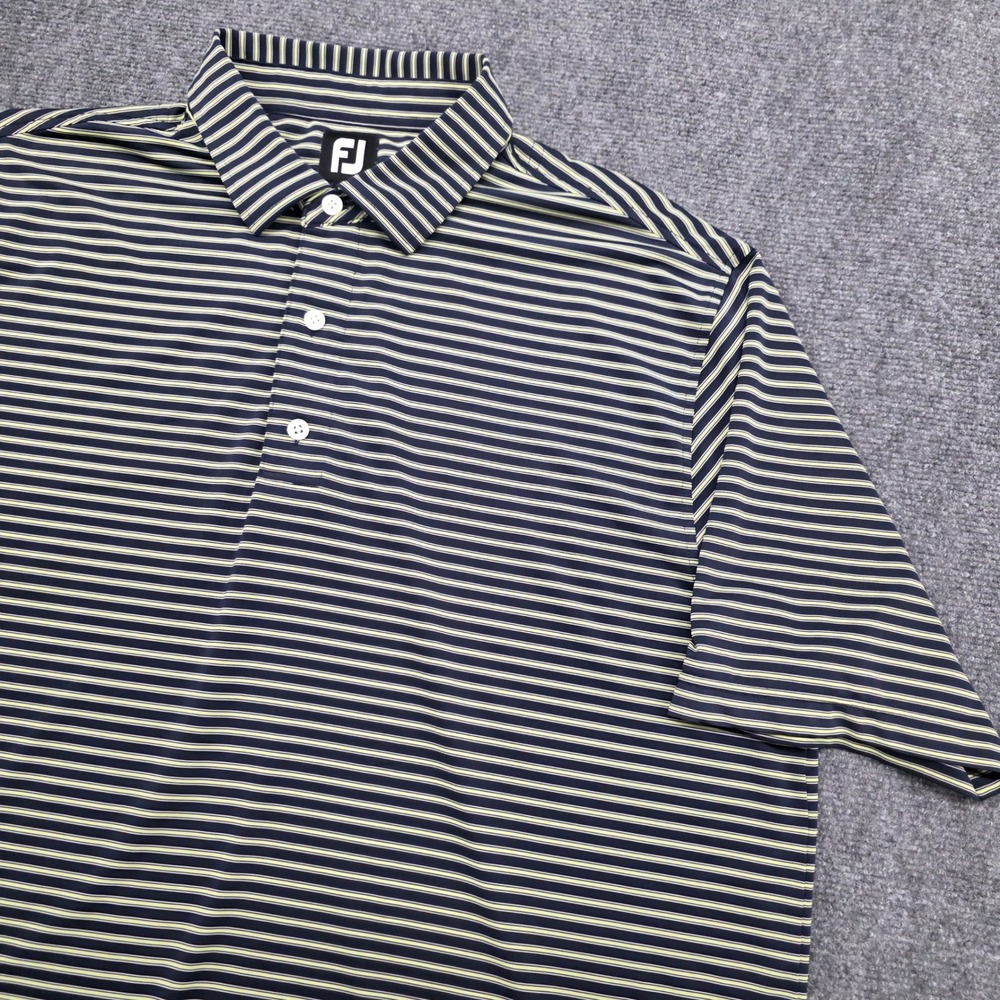 FootJoy Mens XL Striped Golf Polo Shirt Navy Blue Yellow Short Sleeve ProDry